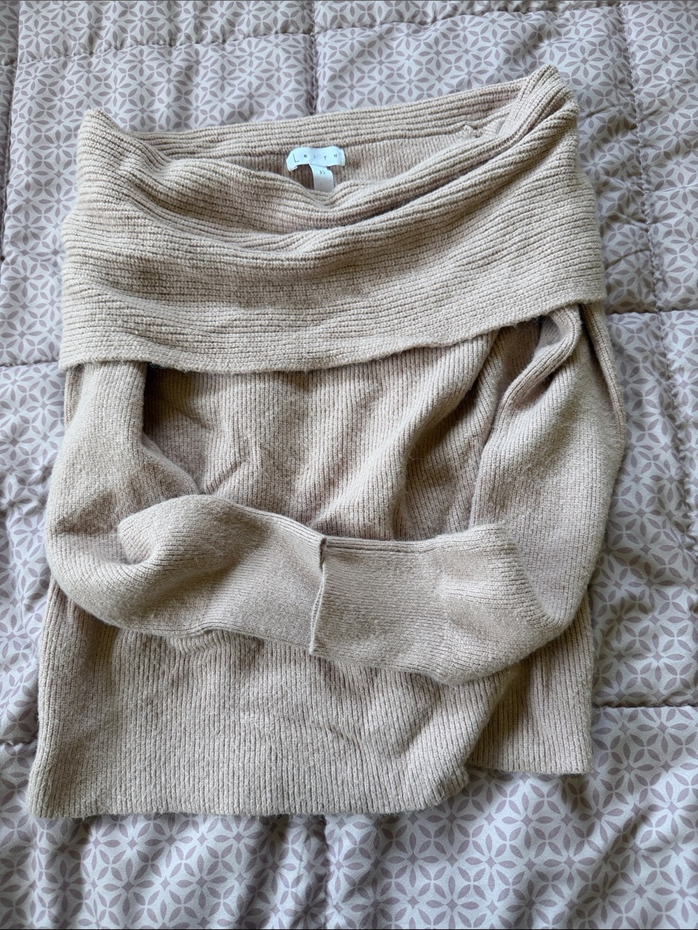 Leith Tan Foldover Off-the-Shoulder Sweater